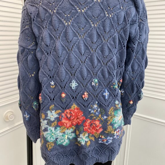 Vintage Laura Ashley Sz L Blue Sweater Cotton Cable Knit & Embroidery Oversized - Picture 4 of 15